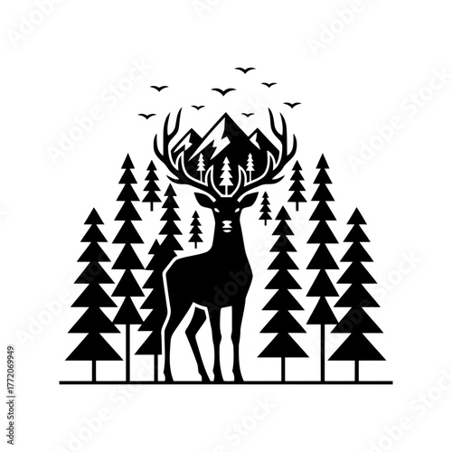 Vector art of silhouette of a deer in the forest with mountains