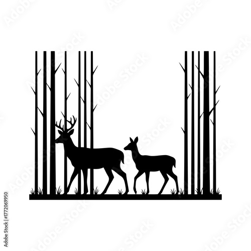 Vector art of silhouette of two deers walking in the forest