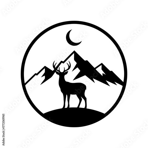 Vector art of silhouette of a deer in the mountains with moon