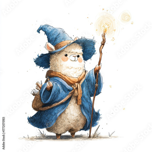 A wand-wielding llama's magical adventure in a whimsical enchanted forest