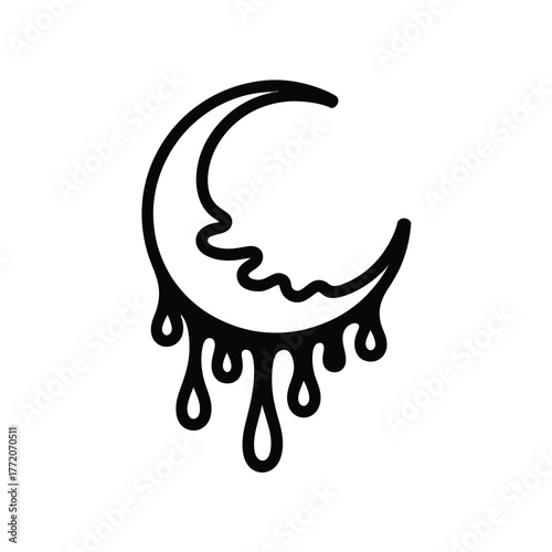 Dripping crescent moon outline tattoo drawing style doodle icon abstract lunar symbol