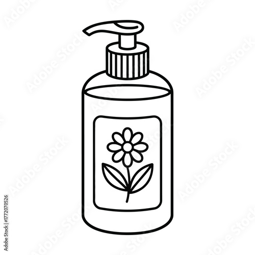 Liquid hand soap dispenser bottle outline icon Pump container with floral label Hygienic wash product monochrome drawing