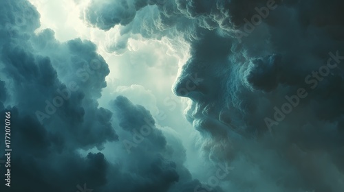 Massive dark storm clouds form a recognizable profile against a bright sky