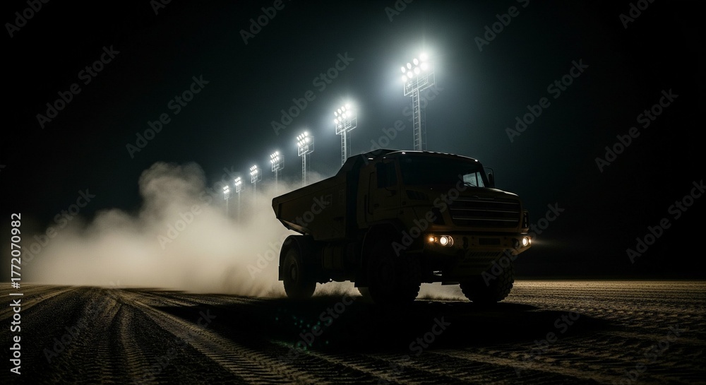 Fototapeta premium Heavy Duty Dump Truck Working at Night on Dusty Construction Site