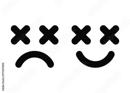 Simple outline icons set displaying dead sad face and happy smile face with cross eyes concept vector illustration