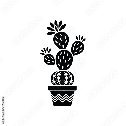 Stylized black silhouette vector illustration of potted cactus houseplant with decorative texture element indoor botany
