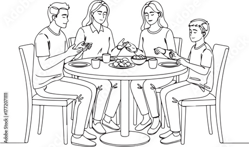  Line Art Illustration of a Family Praying Together Before a Meal, Symbolizing Gratitude, Blessings, and Mindful Eating at the Dining Table