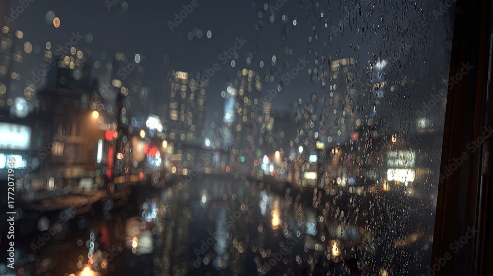 Obraz premium Rainy Night Cityscape Through Window