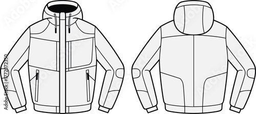 Technical jacket flat sketch, front and back view, hooded coat with zipper, paneled design, reinforced elbows, adjustable cuffs, apparel template
