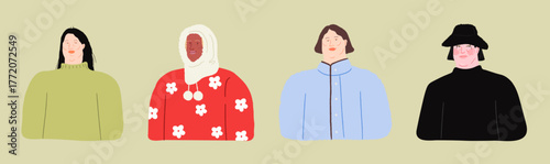 Woman in Winter Clothes Set half body Vector Illustration