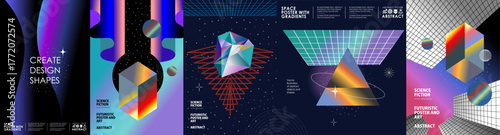 Futuristic gradient poster designs with abstract geometric shapes, collage, Science fiction, 3D cubes, space, pyramids, and sci-fi backgrounds. Modern art style for design fairs, exhibition, poster	
