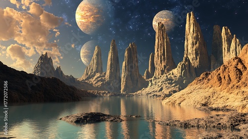 Serene alien landscape with three moons towering rock formations and calm lake for digital art depicting fantasy world sci-fi cosmic scenery otherworldly adventure concept