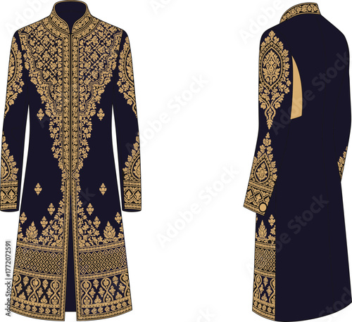 Ethnic Sherwani Dress Design — royal style outfit with golden embroidery, front and side view, fashion vector