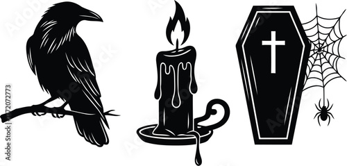Halloween silhouette objects crow candle coffin spider web isolated on transparent background