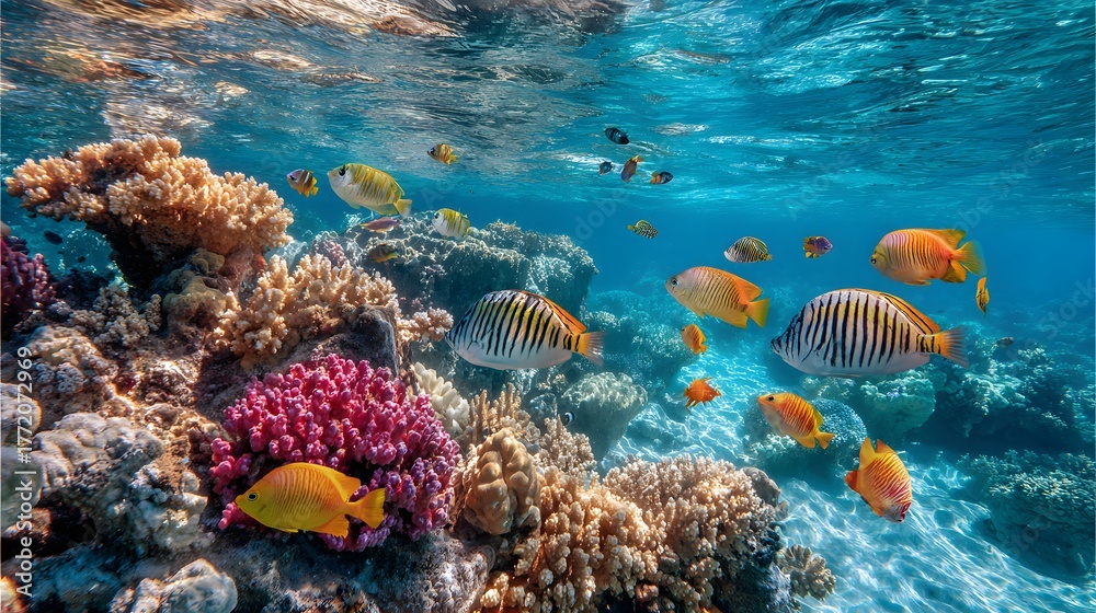 custom made wallpaper toronto digitalVibrant tropical fish swim among diverse, colorful coral formations beneath clear blue ocean surface