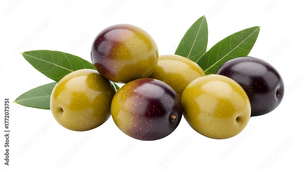 Obraz premium A fresh pile of green and black ripe olives with leaves, healthy Mediterranean ingredient on a transparent background