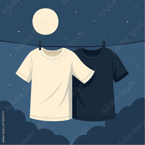 moonlit laundry duet: white and black tees swaying under starlit hush and silver moonbeam