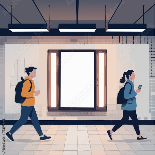 subway crosspaths: commuters in color-coded jackets, urban transit rhythm and blank adframe opportunity