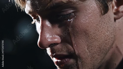 A close-up portrait of a man's face, a tear running down his cheek, with a dark background