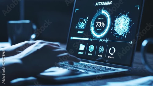 Close-up of hands typing on a laptop displaying AI training progress, a mug sits nearby