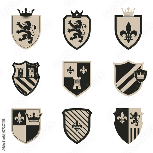 Set of vintage heraldic shields with crowns, lions, fleur-de-lis, and castles, medieval crests collection.