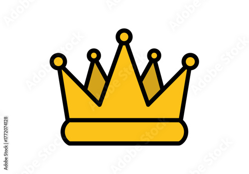 Gold cartoon crown icon, simple royal symbol with black outline for design elements.