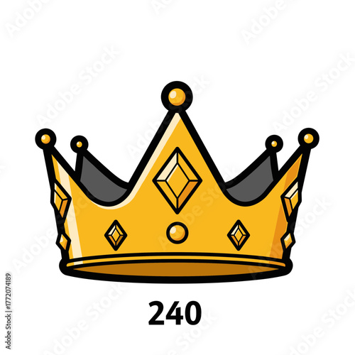 Cartoon gold crown with diamonds and number 240, king or queen royal celebration icon.