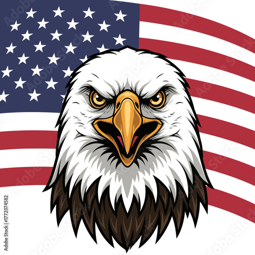 Fierce American Bald Eagle Head Front View with Waving USA Flag Background