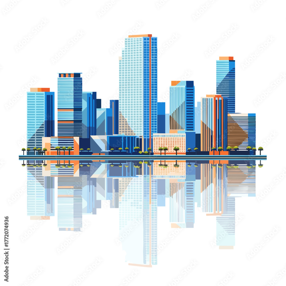 Obraz premium Lively Cartoon Cityscape with Colorful Modern Buildings and Lush Tropical Palm Trees