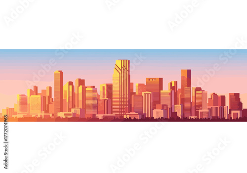 Detailed Retro Sunset Miami Cityscape with Atmospheric Reflections on Water