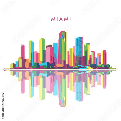Panoramic Retro Sunset Miami Cityscape with Intricate Modern Buildings