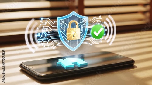 A hand interacts with a smartphone, projecting a secure home icon