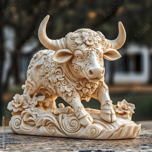 Elegant wooden ox sculpture with floral carvings on decorative base