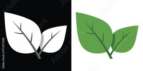 Fresh green leaves vector illustration on split black and white backgrounds