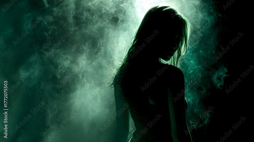 Fototapeta premium Young woman's silhouette illuminated by dramatic backlighting amidst thick atmosphere