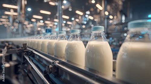 Milk Bottles On Conveyor Belt In Modern Dairy Processing Facility