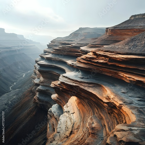 Eroded canyon layers displaying rich orange and gray tones of desert geology