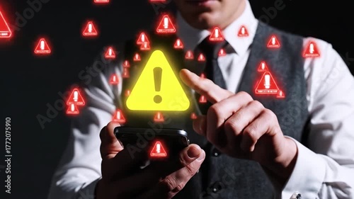 A person in formal attire holding a smartphone with an illuminated warning symbol