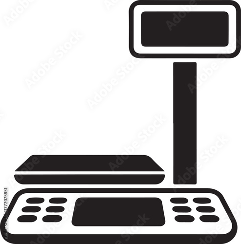 Black and white illustration of a digital scale with display and keypad weighing measurement