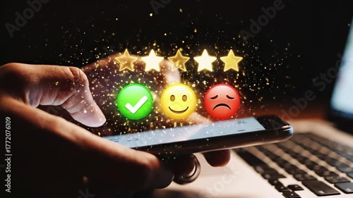 Hand holding phone displays customer feedback icons with stars and sparkling effect over laptop