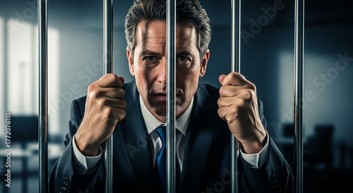 Businessman trapped behind bars facing white collar crime