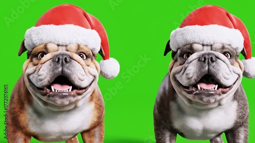 Two smiling bulldogs with Santa hats in front of a green background