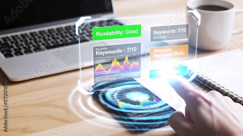 Person interacting with a holographic interface over a phone, laptop, and coffee cup on a wooden desk