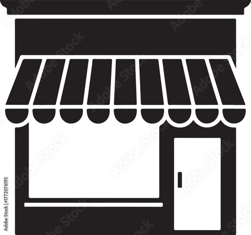 Black and white stylized illustration of a shop building with awning and door storefront