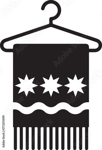 Black and white silhouette of a hanging scarf with star patterns and fringe hanger