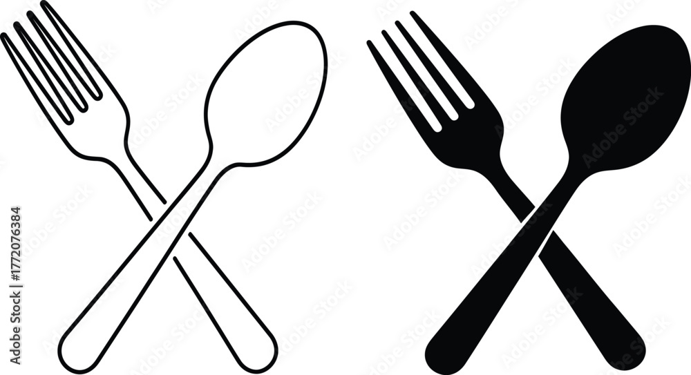 Fototapeta premium Crossed Fork and Spoon Outline and Silhouette Icons cutlery utensil