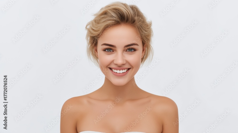 Obraz premium Young blonde woman posing for a headshot portrait, expressing joy and confidence while highlighting her healthy skin, bright smile, and natural appearance