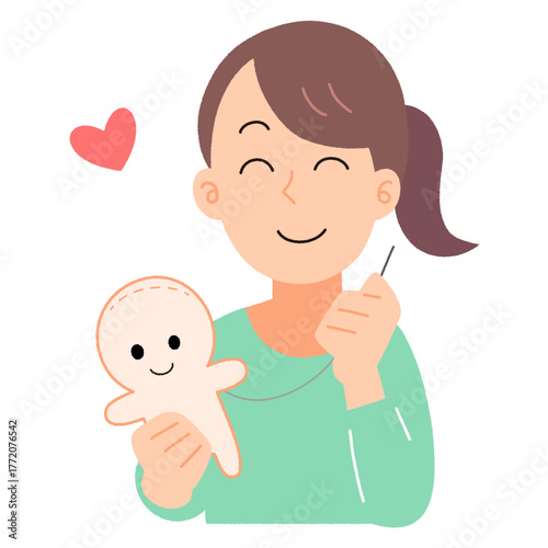 人物のキャラクターのぬいぐるみを手作りする女性のイラスト