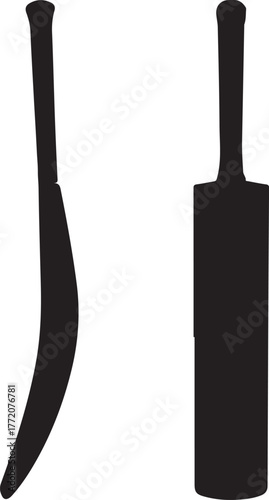 Black silhouettes of a curved blade and a cricket bat knife cleaver