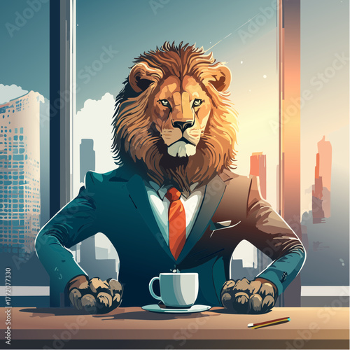 A lion in a business suit drinking coffee in a modern office 